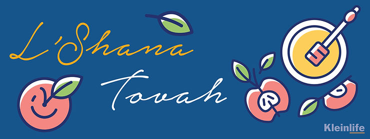 A blue box with the yellow and white text "L'Shana Tovah" with vector red apples and honey cascaded around it. In the bottom right-hand corner is the KleinLife logo in white with a yellow underline.